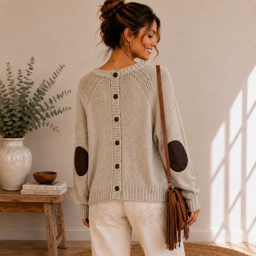 Fenn Wright Manson Sweater Women's Size M Wool Blend Elbow Patch Back Button-Up